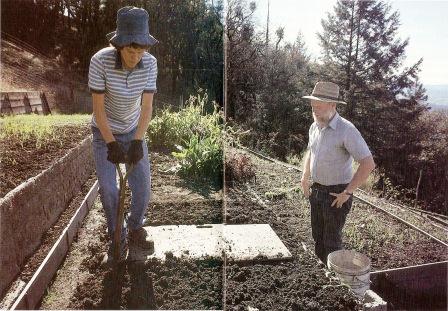 
At his research minifarm in Willits, California, Jeavons teaches an apprentice special ergonomic tricks that can make digging a garden bed a lot easier.
